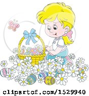 Poster, Art Print Of Happy Blond Caucasian Girl Kneeling In Daisy Flowers By An Easter Basket