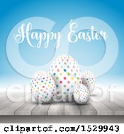 Poster, Art Print Of Happy Easter Greeting With 3d Polka Dot Eggs On A Wooden Surface Over Blue