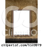 Poster, Art Print Of 3d Blank Picture Frame Leaning Against A Wall With Vintage Wallpaper
