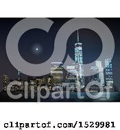 Clipart Of A Starry Night Over A Waterfront City Skyline Royalty Free Vector Illustration