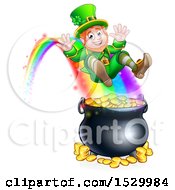 Poster, Art Print Of St Patricks Day Leprechaun Riding A Rainbow To The Top Of A Pot Of Gold