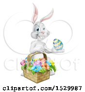 Poster, Art Print Of Happy White Easter Bunny Rabbit With A Basket And Eggs