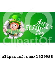 Poster, Art Print Of Happy St Patricks Day Greeting By A Leprechaun Breaking Through A Wall On Green