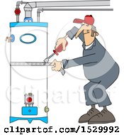 Male Plumber Tightening A Strap Around A Water Heater