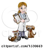 Poster, Art Print Of White Female Veterinarian Holding A Clipboard And Standing With A Cat And Dog