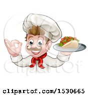 Poster, Art Print Of Caucasian Male Chef Holding A Kebab Sandwich On A Tray And Gesturing Okay
