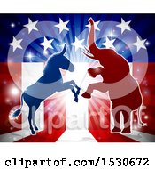 Poster, Art Print Of Silhouetted Rearing Political Democratic Donkey And Republican Elephant Over An American Design And Burst
