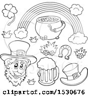 Clipart Of A Black And White St Patricks Day Leprechaun With Icons Royalty Free Vector Illustration