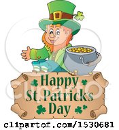 Clipart Of A Happy St Patricks Day Greeting Undder A Leprechaun Royalty Free Vector Illustration