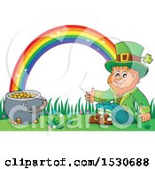 Clipart Of A St Patricks Day Leprechaun With A Pot Of Gold At The End Of A Rainbow Royalty Free Vector Illustration