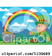 Clipart Of A St Patricks Day Leprechaun With A Pot Of Gold At The End Of A Rainbow Royalty Free Vector Illustration