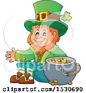 Clipart Of A St Patricks Day Leprechaun With A Pot Of Gold Royalty Free Vector Illustration by visekart