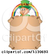 Poster, Art Print Of St Patricks Day Leprechaun And Rainbow Over A Parchment Scroll