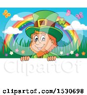 Clipart Of A St Patricks Day Leprechaun And Rainbow Over A Sign Royalty Free Vector Illustration