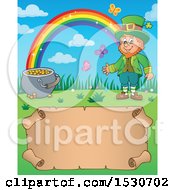 Poster, Art Print Of St Patricks Day Leprechaun Rainbow And Pot Of Gold Over A Parchment Scroll