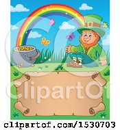 Poster, Art Print Of St Patricks Day Leprechaun Rainbow And Pot Of Gold Over A Parchment Scroll
