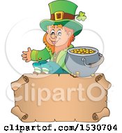 Poster, Art Print Of St Patricks Day Leprechaun And Pot Of Gold Over A Parchment Scroll