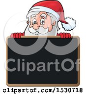Clipart Of A Christmas Santa Claus Over A Blackboard Royalty Free Vector Illustration