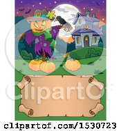 Poster, Art Print Of Scarecrow With A Crow And Halloween Pumpkins Near A Haunted House Over A Scroll