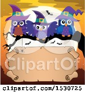 Trio Of Witch Owls On A Branch Over A Full Moon And Halloween Scroll