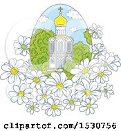 Beautiful Church In An Egg Shaped Frame With White Daisy Flowers