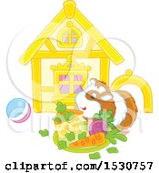 Clipart Of A Happy Guinea Pig With A House Toys And Plate Of Food Royalty Free Vector Illustration