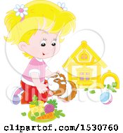 Clipart Of A Blond White Girl Playing With Her Pet Guinea Pig Royalty Free Vector Illustration