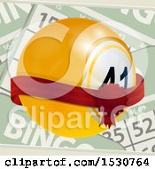 Clipart Of A 3d Yellow Bingo Ball With A Ribbon Over Cards Royalty Free Vector Illustration
