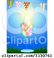 Poster, Art Print Of 3d Glass With Colored Easter Eggs Under A Bunting Against Blue Sky