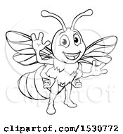 Clipart Of A Black And White Happy Friendly Bee Mascot Waving Royalty Free Vector Illustration