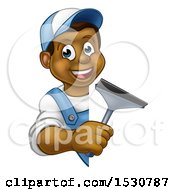Poster, Art Print Of Cartoon Happy Black Male Window Cleaner Holding A Squeegee Around A Sign
