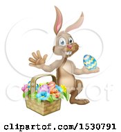 Poster, Art Print Of Happy Brown Easter Bunny Rabbit With A Basket And Eggs
