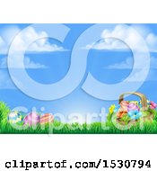 Poster, Art Print Of Background Of A Basket And Easter Eggs With Flowers In Grass