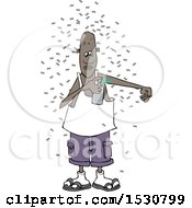 Cartoon Black Man Surrounded By Insects Applying Bug Repellant Spray