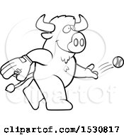 Clipart Of A Cartoon Black And White Buffalo Baseball Pitcher Royalty Free Vector Illustration