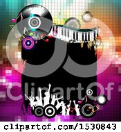 Poster, Art Print Of Border With Vinyl Record Lp Albums Music Notes A Keyboard And Silhouetted Party People Over Gradient