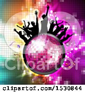 Poster, Art Print Of Pink Disco Ball With Silhouetted People Dancing And Music Notes Over Gradient