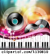 Poster, Art Print Of Background With Vinyl Records Music Notes And A Keyboard Over Pixels