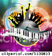 Poster, Art Print Of Vinyl Record Lp Album With Music Notes And A Keyboard Under Silhouetted Party People Over Gradient