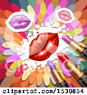 Clipart Of Red Lips With Lipstick Tubes And Hearts Over Colorful Flower Petals Royalty Free Vector Illustration
