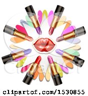 Poster, Art Print Of Red Lips With Lipstick Tubes Over Colorful Flower Petals