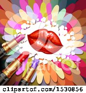 Poster, Art Print Of Red Lips With Lipstick Tubes And Hearts Over Colorful Flower Petals
