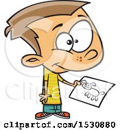 Clipart Of A Cartoon Caucasian Boy Holding A Drawing Of A Dog Royalty Free Vector Illustration