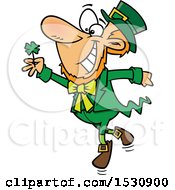 Poster, Art Print Of Cartoon St Patricks Day Leprechaun Dancing With A Four Leaf Clover