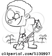 Clipart Of A Cartoon Outline African American Boy Digging In A Garden Royalty Free Vector Illustration