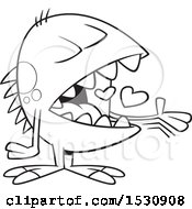 Clipart Of A Cartoon Outline Monster Swallowing Hearts Royalty Free Vector Illustration