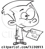 Clipart Of A Cartoon Outline Boy Holding A Drawing Of A Dog Royalty Free Vector Illustration