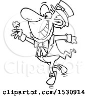 Poster, Art Print Of Lineart Cartoon St Patricks Day Leprechaun Dancing With A Four Leaf Clover