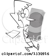 Clipart Of A Cartoon Outline Woman Carrying A Stack Of Paperwork Royalty Free Vector Illustration