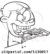 Clipart Of A Cartoon Outline Boy Enthusiastically Eating Pizza Royalty Free Vector Illustration